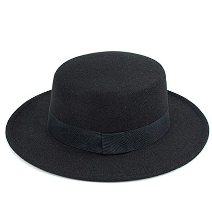 Classic Fedora Flat Top Hat Pork Pie Hat Felt Boater Church Derby Cap for Men/Women - color: Black