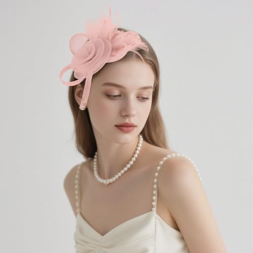 AMCAMI Fascinators Hats with Feather for Women 2026 Derby Hats Small Tea Party Hat with Headband - color: Nude Pink
