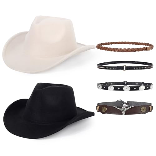 2 Pack Western Cowboy Hats for Women Men 2 Different hat Bands - color: White - Black