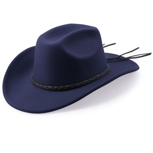 DRESHOW Western Cowboy Hat for Men Women Cowboy Cowgirl Hat Outdoor Wide Brim Retro Felt Fedora Hats Unisex Rolled up Caps - color: 1 Pack Style 9: Navy Blue With Braided Band