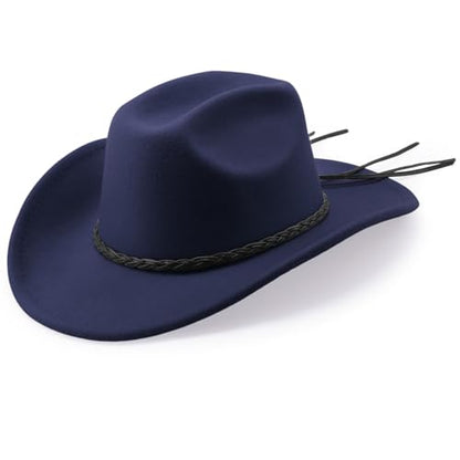 DRESHOW Western Cowboy Hat for Men Women Cowboy Cowgirl Hat Outdoor Wide Brim Retro Felt Fedora Hats Unisex Rolled up Caps - color: 1 Pack Style 9: Navy Blue With Braided Band