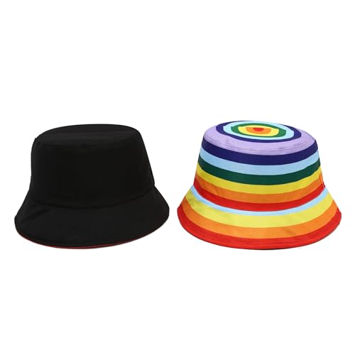 Unisex Print Double-Side-Wear Reversible Bucket Hat - color: Rainbows