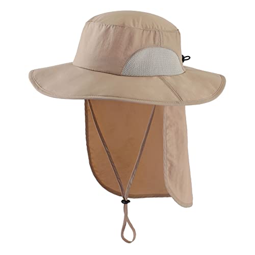 Home Prefer Outdoor UPF50+ Mens Sun Hat with Neck Flap Womens UV Protection Hat Wide Brim Safari Fishing Hiking Gardening Hat - color: Milky Khaki