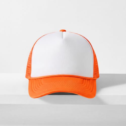 CHOK.LIDS Blank Foam Trucker Hat, Retro Mesh Rope Snapback Cap, Men Women - color: Curved Brim (White/Neon Orange)