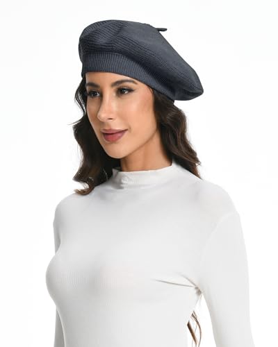Cotton Knitted Women Beret Hat, French Style Solid Color Beret, Winter Autumn Warm and Soft Beanie Hat - color: Dark Gray