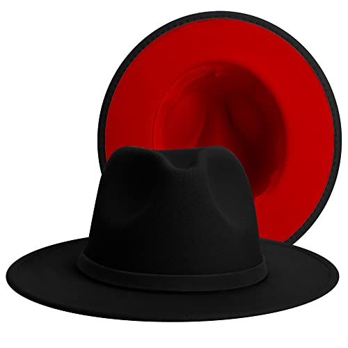 Wide Brim Fedora Hats for Women Mens Felt Fedora Hats With Belt Buckle - color: 1-1black-red, size: Medium