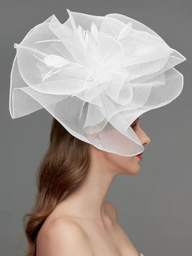 Women's Fascinators Hat for Women Tea Party Headband Wedding Cocktail Flower Mesh Feathers Hair Clip - color: 01 White