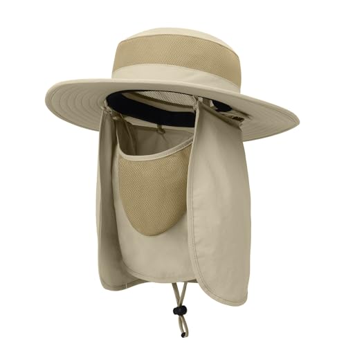 Outdoor Sun Hat UPF 50 Protection Waterproof Fishing hat Face Cover Summer Neck Flap Hat - color: Light Khaki Pro
