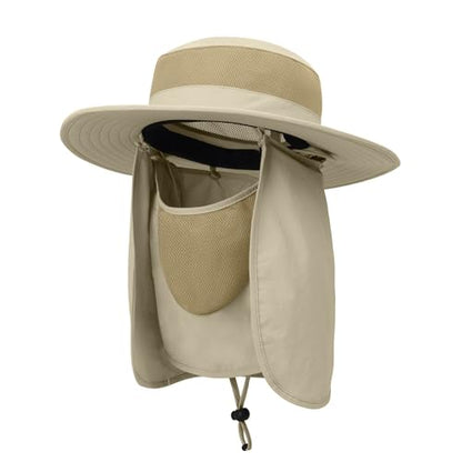 Outdoor Sun Hat UPF 50 Protection Waterproof Fishing hat Face Cover Summer Neck Flap Hat - color: Light Khaki Pro