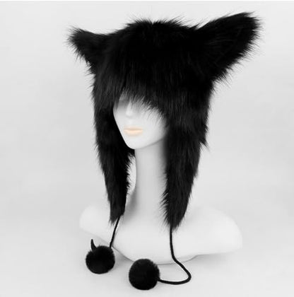 PURFUN Fuzzy Faux Fur Full Hood Trapper Hats with Animal Ear, Adults Halloween Cosplay Roleplay Cat Wolf Ear Hooded Hats - color: Black