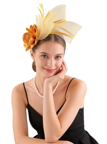 Fascinators Hat for Girls and Women Tea Party Flower Mesh Feather Kentucky Headwear with Headband and Clip - color: Gold