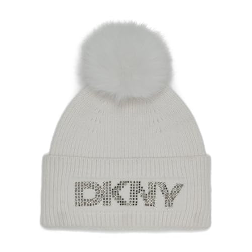 DKNY Women's Studded Logo Knit Beanie with Faux Fur Pom - color: Ivory