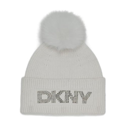DKNY Women's Studded Logo Knit Beanie with Faux Fur Pom - color: Ivory