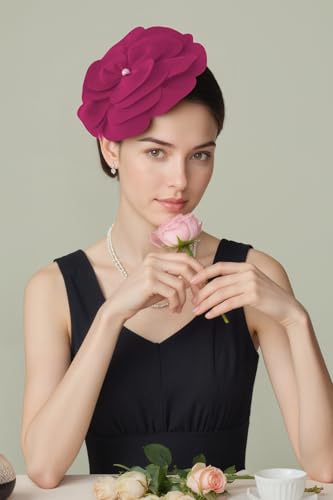 BABEYOND Fascinators Hats for Women Layered Flower Tea Party Derby Hats - color: Rose Red