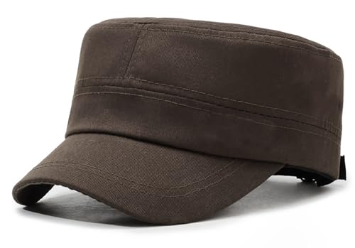 Washed Cotton Flat Top Military Cap for Unisex - color: Coffee