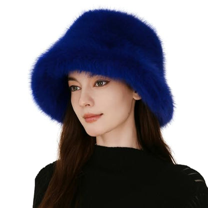 Women's Oversized Faux Fur Bucket Hat, Fluffy Plush Winter Hat, Solid Color - color: Blue