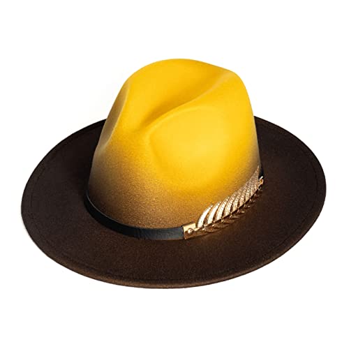 Women Gradient Color Fedora Wide Brim Felt Hat - color: Yellow/Black