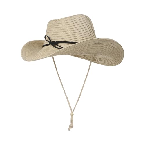 Unisex Straw Cowboy Hat Wide Brim Western Sun Hat Adjustable Beach Cowgirl Hat for Summer Outdoor Sun Protection - color: Beige,leather Hat Strap
