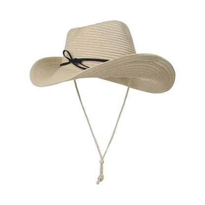 Unisex Straw Cowboy Hat Wide Brim Western Sun Hat Adjustable Beach Cowgirl Hat for Summer Outdoor Sun Protection - color: Beige,leather Hat Strap