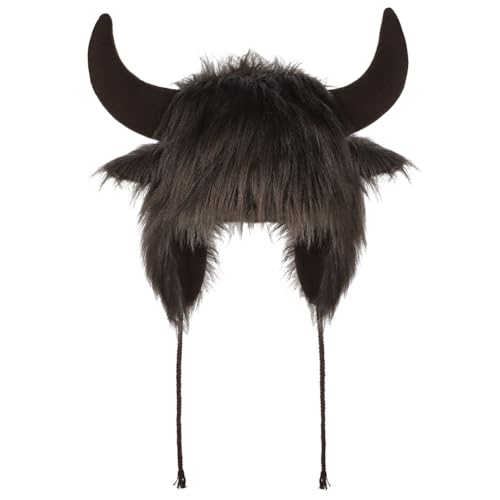 XGOPTS Winter Faux Fur Plush Hat with Horns Warm Animal Horn Ox Earflap Hat - color: Cofffee