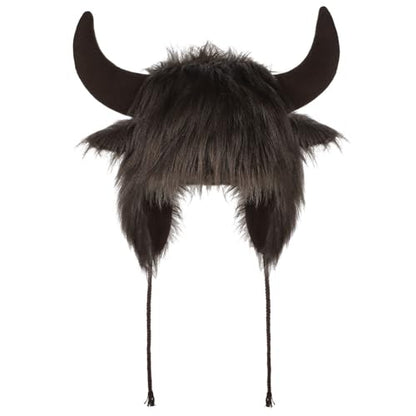 XGOPTS Winter Faux Fur Plush Hat with Horns Warm Animal Horn Ox Earflap Hat - color: Cofffee