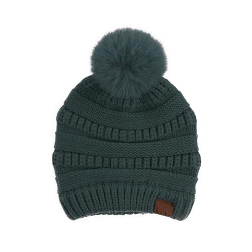 C.C Fur Pom Winter Fall Trendy Chunky Stretchy Cable Knit Beanie Hat - color: Snuggly Soft Teal Green