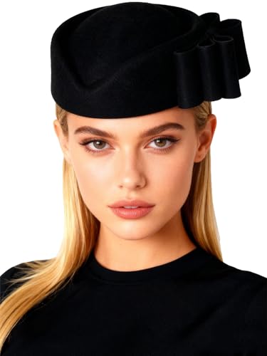 HIMESPORT Wool Felt Bowler Fascinators Hats for Women Ladies Female Elegant Wedding Tea Party Beret Hat with Bowknot - color: Black 1