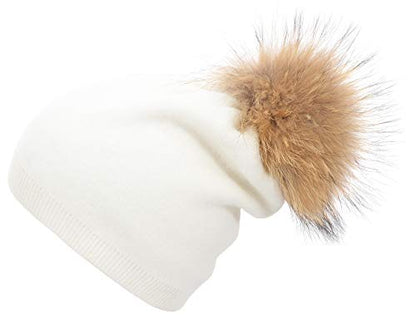 Women's Double Layer Winter Slouchy Knit Beanie Hat with Real Fur Pom Pom - color: White
