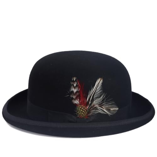 Men's Wool Fedora Hats Women Felt Bowler Derby Hat with Feather - color: Black, size: Large
