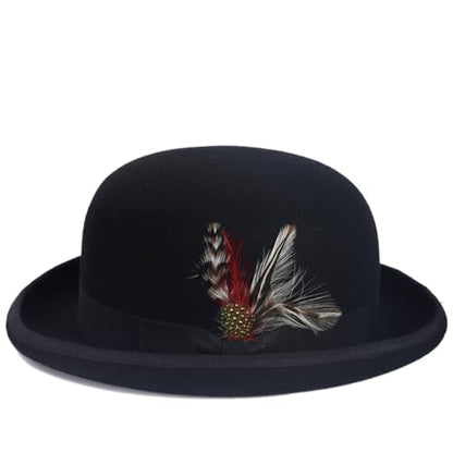 Men's Wool Fedora Hats Women Felt Bowler Derby Hat with Feather - color: Black, size: Large