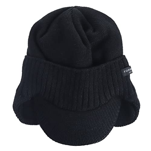Ruphedy Mens Beanie with Brim Winter Hat Knitted Thick Fleece Visor Beanie - color: B323-black