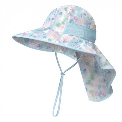 icolor Kids Sun Hat UPF50+ Sun Protection Bucket Hat Toddler Summer Beach Play Hats with Neck Flap for Girl Boy Ages 3~10 - color: Dreamy Ocean