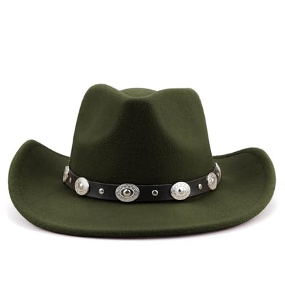 DRESHOW Women Men Classic Felt Wide Brim Western Cowboy & Cowgirl Cap Belt Buckle Retro Panama Hat Unisex Rolled up Caps - color: 1 Pack Style 1: Army Green (Hat Circumference: 22-22.8")
