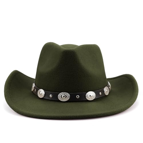 DRESHOW Women Men Classic Felt Wide Brim Western Cowboy & Cowgirl Cap Belt Buckle Retro Panama Hat Unisex Rolled up Caps - color: 1 Pack Style 1: Army Green (Hat Circumference: 22-22.8")