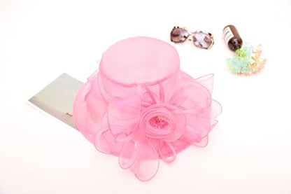Women's Kentucky Derby Church Dress Hat Wide Brim Leaf Flower Bridal Shower Hat - color: F7 Rose Pink