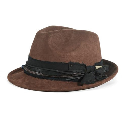 Fedora Trilby Hats for Men Women Handmade 1920s Classic Short Brim Hat with Feathers Unisex - color: Sepia