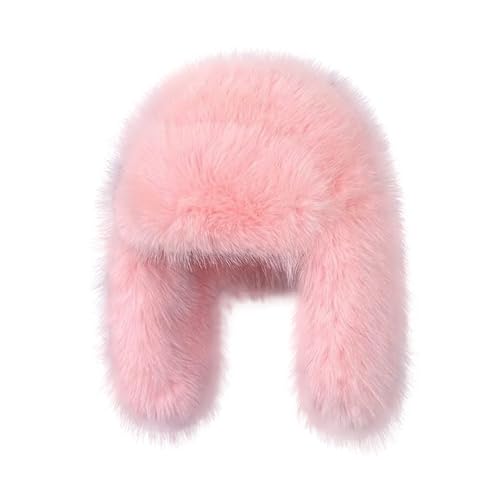 Luxurious Faux Mink Fur Ladies Trapper Hat，Pure Color Simplistic Women’s Winter Hat，Furry Ushanka Warm Hat - color: Pink