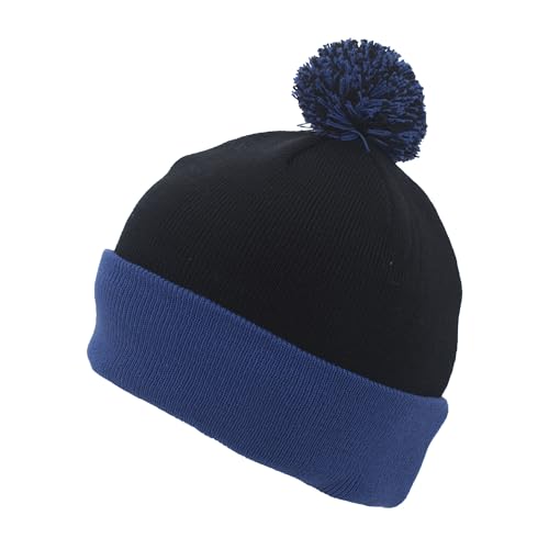 Pacific Headwear Unisex Adult Pacific Headwear Knit Fold Over Pom-pom Beanie - color: Black/Royal, size: One Size