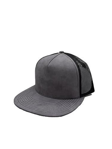 Ashen Fane Faux Suede Polyester Blend 5 Panel Classic Flat or Round Visor Adjustable Snapback Mesh Back Trucker Hat - color: Flat - Charcoal