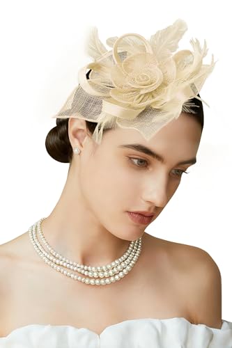 BABEYOND Fascinator Hats for Women Linen Flower Feather Tea Party Derby Hat - color: Beige