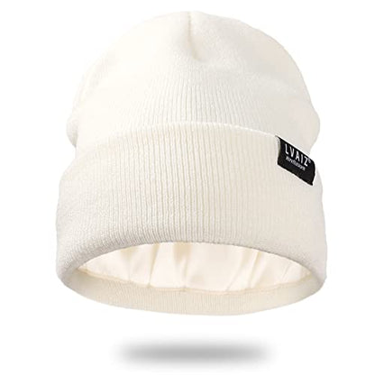 Satin Lined Winter Beanie Hats for Women Men Cotton Knitted Cuffed Knit Hat - color: White