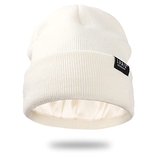 Satin Lined Winter Beanie Hats for Women Men Cotton Knitted Cuffed Knit Hat - color: White