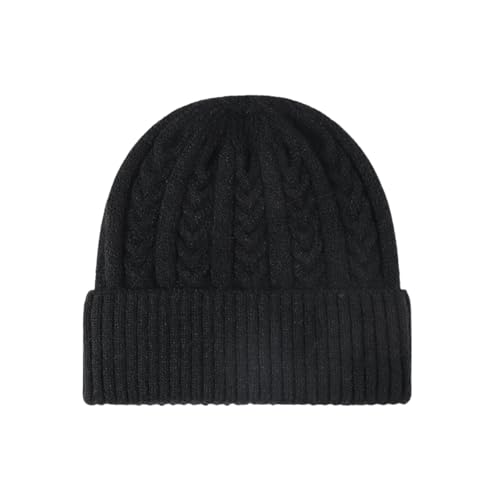 Winter Cable Knit Hat Elasticity Cuffed Thick Soft Beanie Skull Cap for Women Men - color: Black