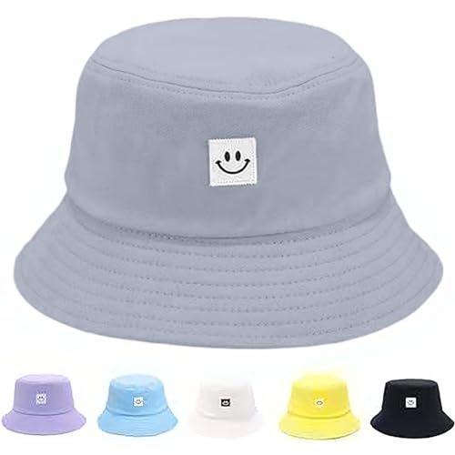Kids Sun Hat Smile Face Bucket Hat for Girls Boys Summer Sun Protection Cotton Unisex Beach Cap - color: Grey