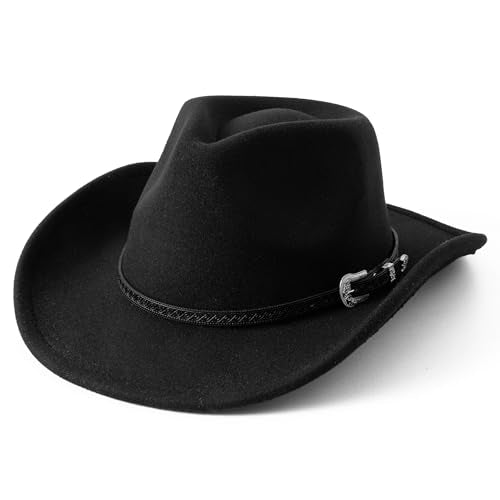JOYEBUY Kids Western Cowboy Hat for Boys Girls Classic Fedora Hat Felt Cowboys Hats with Leather Buckle - color: Black