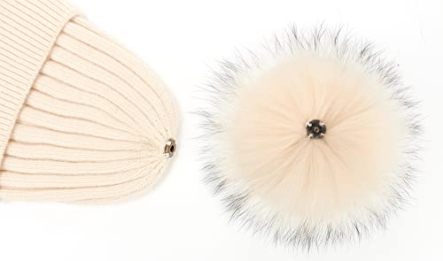 Women's Winter Ribbed Cuffed Beanie Skull Cap with Genuine Raccoon Fur Pom - color: Rc Beige