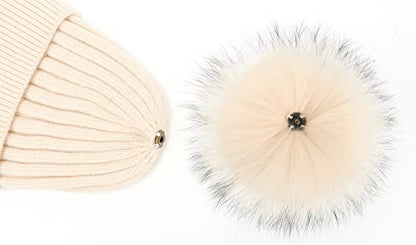 Women's Winter Ribbed Cuffed Beanie Skull Cap with Genuine Raccoon Fur Pom - color: Rc Beige
