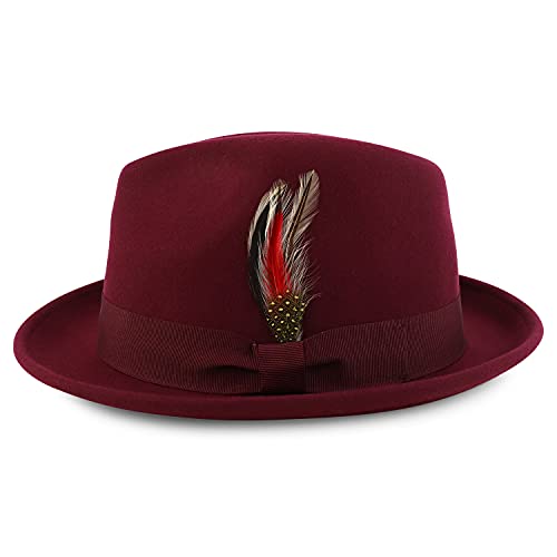 Armycrew Classic 100% Wool Felt Fedora with Feather Fits Upto 2XL - color: Merlot, size: X-Large