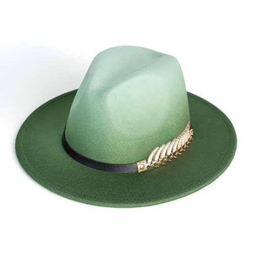 Women Gradient Color Fedora Wide Brim Felt Hat - color: Mint Green/Olive Green