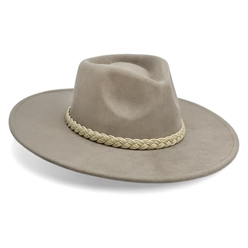 FLUFFY SENSE. Big Wide Brim Boho Western Hat for Women and Men - Felt Rancher Fedora Hat with 4 inches Flat Brim - color: Stone Gray, size: Medium